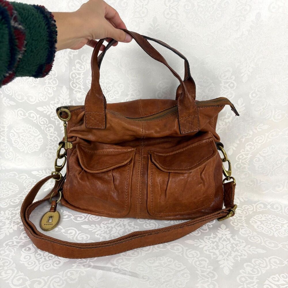 Fossil Leather Satchel Handbag Brown Hobo Messenger Slouchy Cargo Crossbody